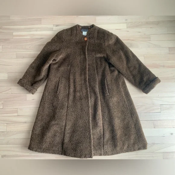VINTAGE - Dolce Bella Alpaca Wool Mohair Textured Coat | Brown Swing Coat L/XL - Picture 3 of 13